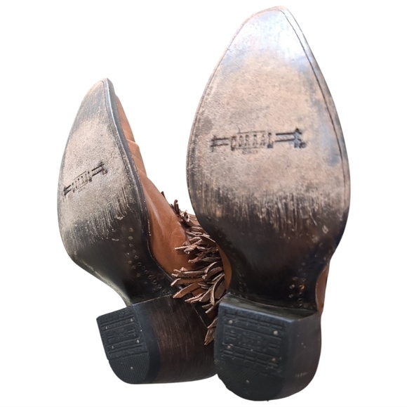 CORRAL Cowgirl Fringe Whip Stitch Short Boot Snip Toe Cognac Leather Women 6.5 - Picture 9 of 12